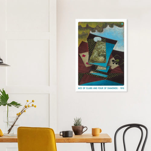 1915 ace of clubs 200gsm art print in office mockup by Jimik Design: bold card illustration, vintage giclée wall art.