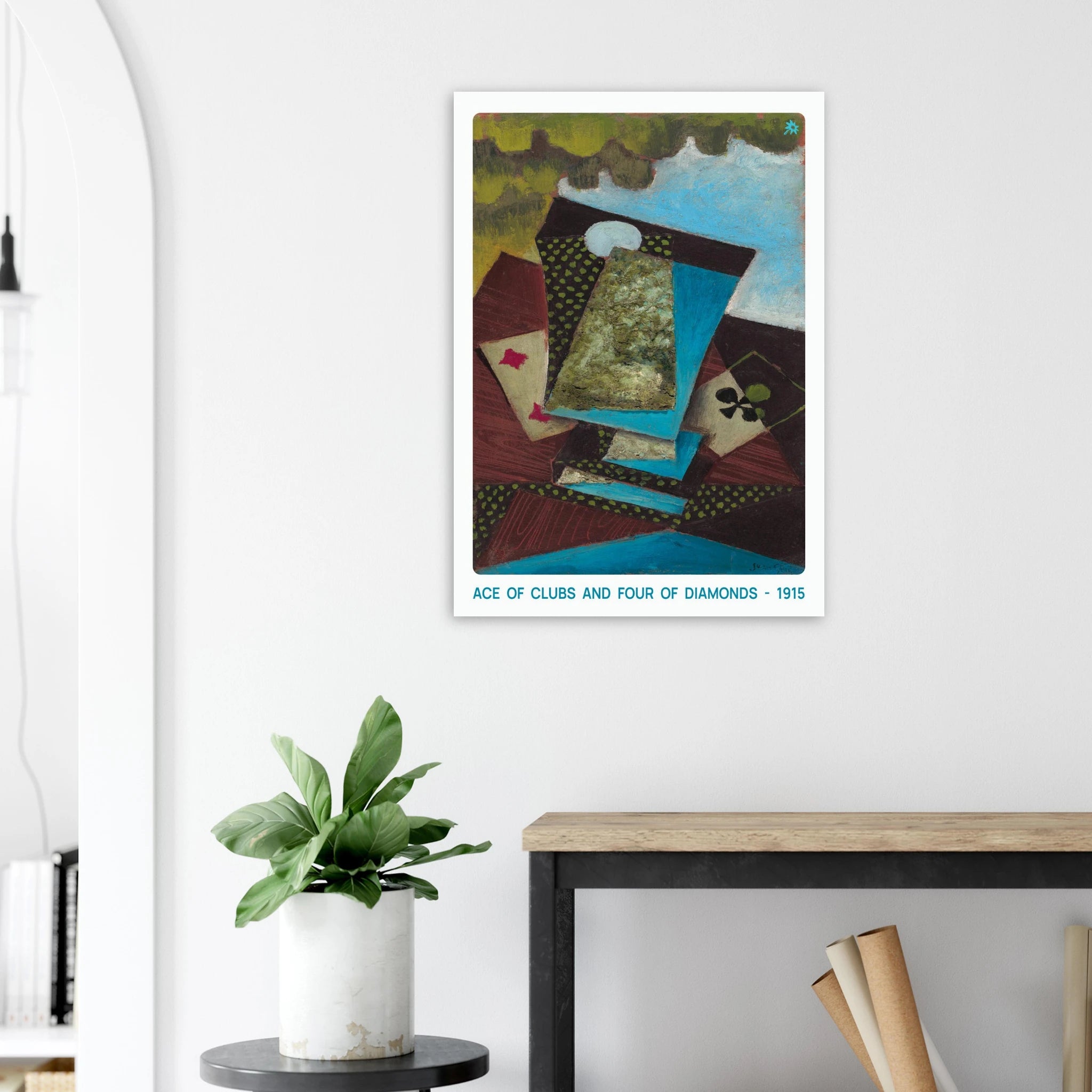1915 ace of clubs 200gsm art print in office mockup by Jimik Design: bold card illustration, vintage giclée wall art.