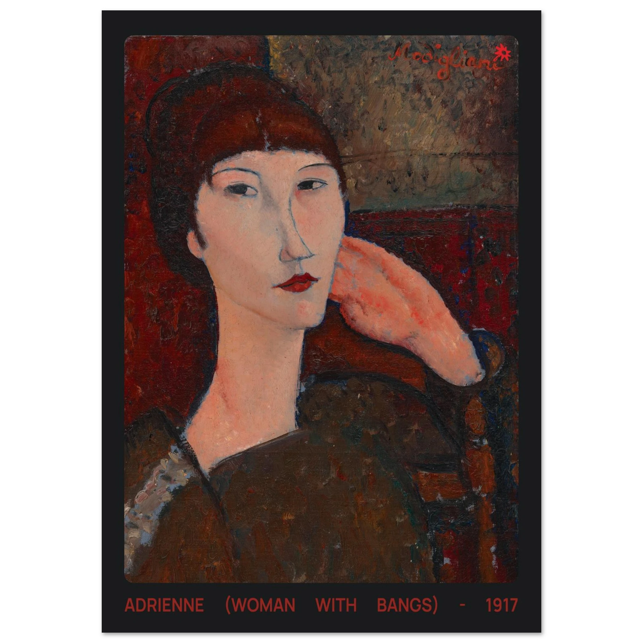 Adrienne 1917 200gsm portrait print in bedroom mockup by Jimik Design: modernist face, vintage giclée wall decor.