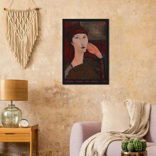 Adrienne 1917 200gsm portrait print in bedroom mockup by Jimik Design: modernist face, vintage giclée wall decor.
