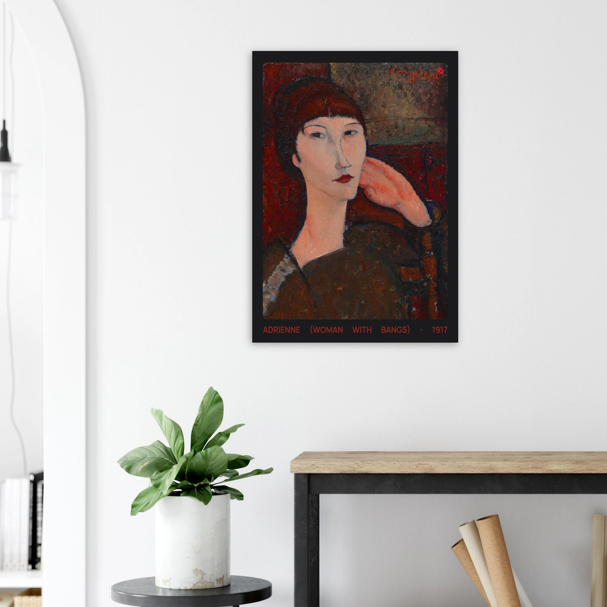 Adrienne 1917 200gsm portrait print in bedroom mockup by Jimik Design: modernist face, vintage giclée wall decor.