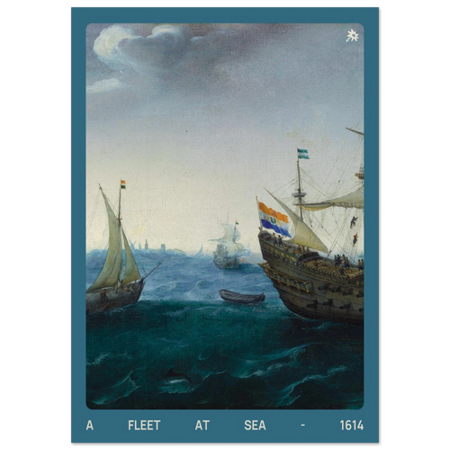 Vintage 1614 fleet at sea 200gsm art print in living room mockup by Jimik Design: nautical scene, giclée wall decor.
