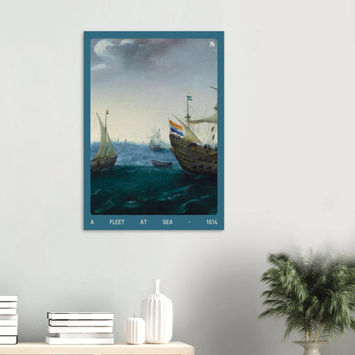 Vintage 1614 fleet at sea 200gsm art print in living room mockup by Jimik Design: nautical scene, giclée wall decor.