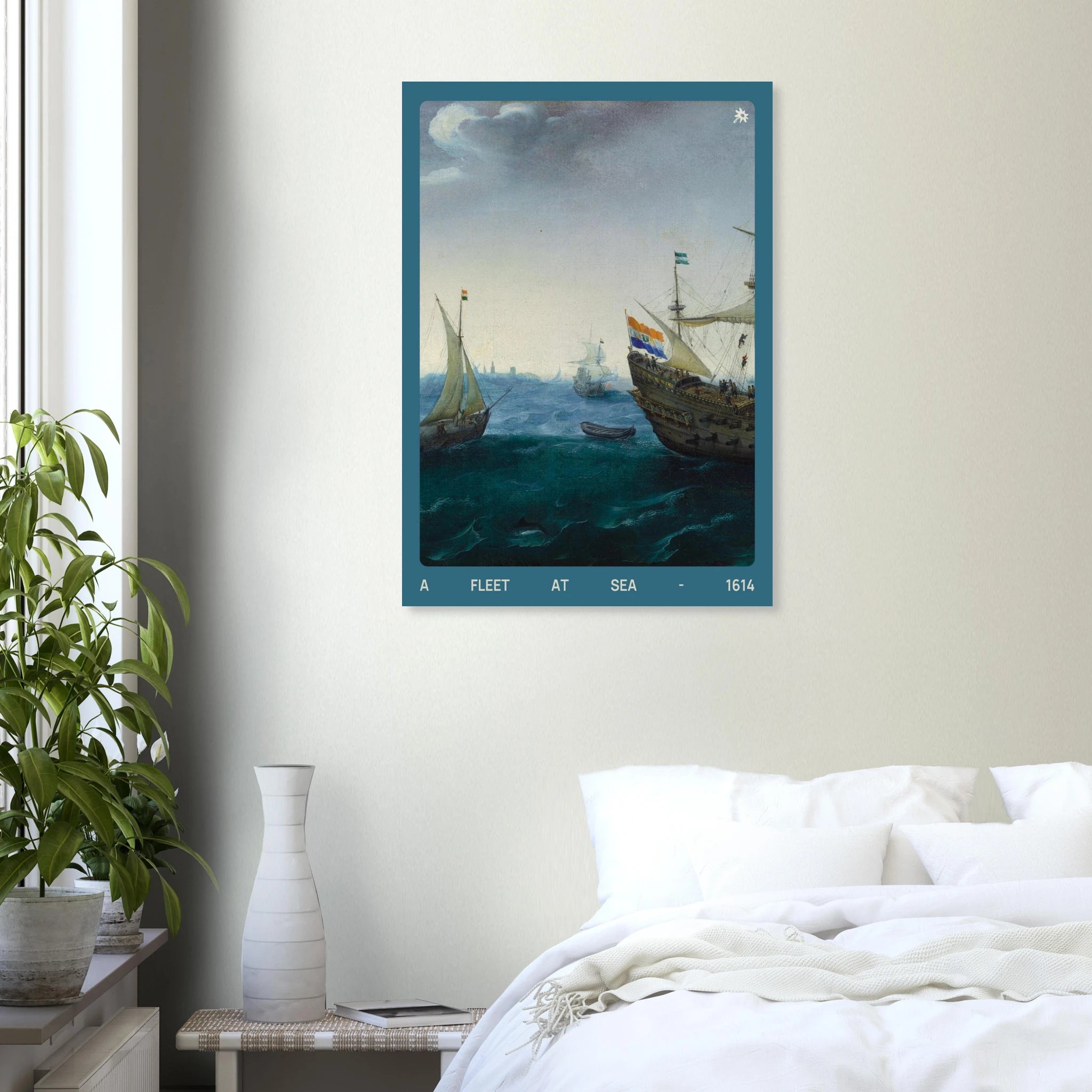 Vintage 1614 fleet at sea 200gsm art print in living room mockup by Jimik Design: nautical scene, giclée wall decor.