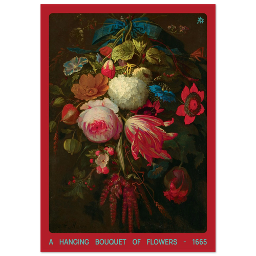 1665 hanging bouquet 200gsm art print in dining room mockup by Jimik Design: botanical still life, vintage giclée decor.
