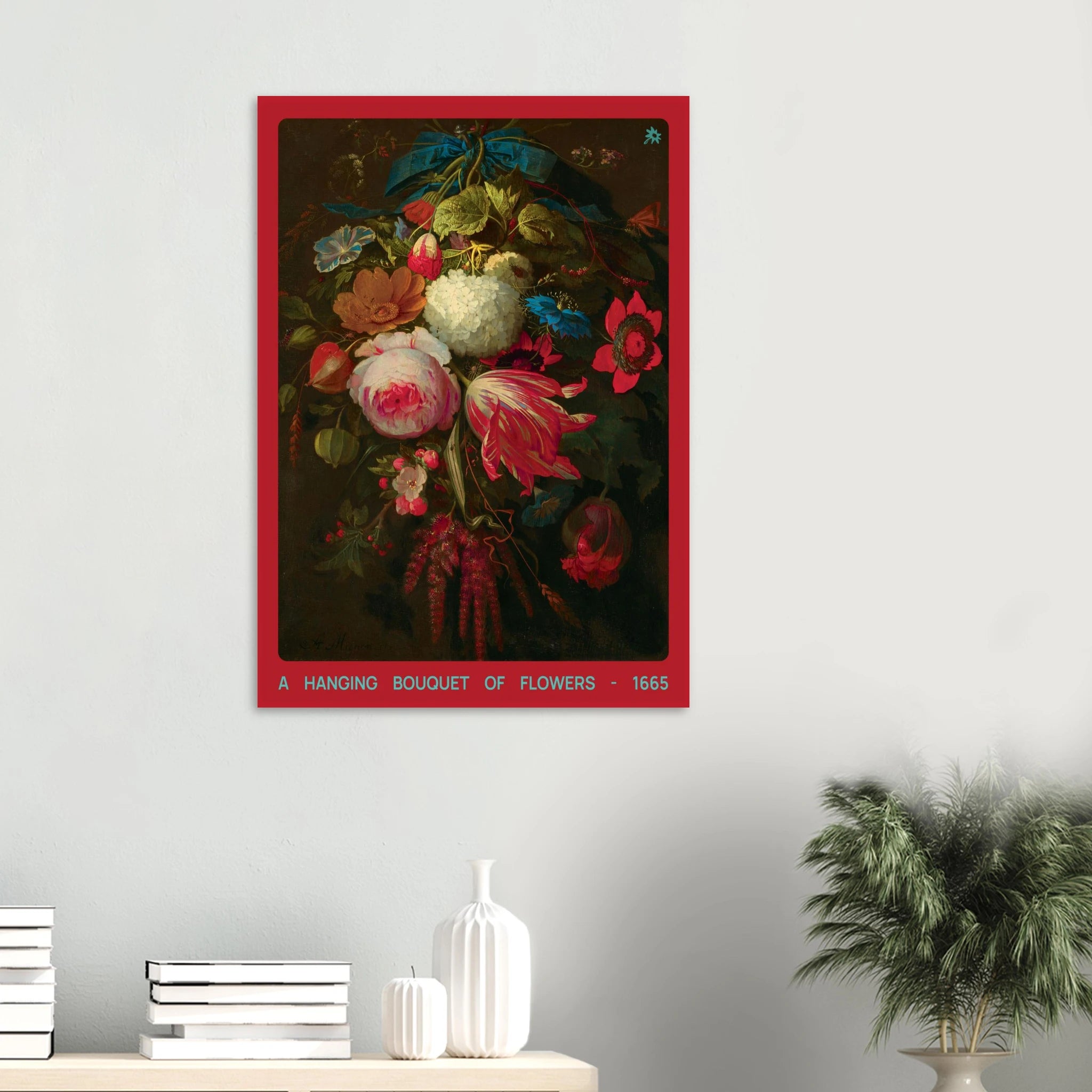 1665 hanging bouquet 200gsm art print in dining room mockup by Jimik Design: botanical still life, vintage giclée decor.