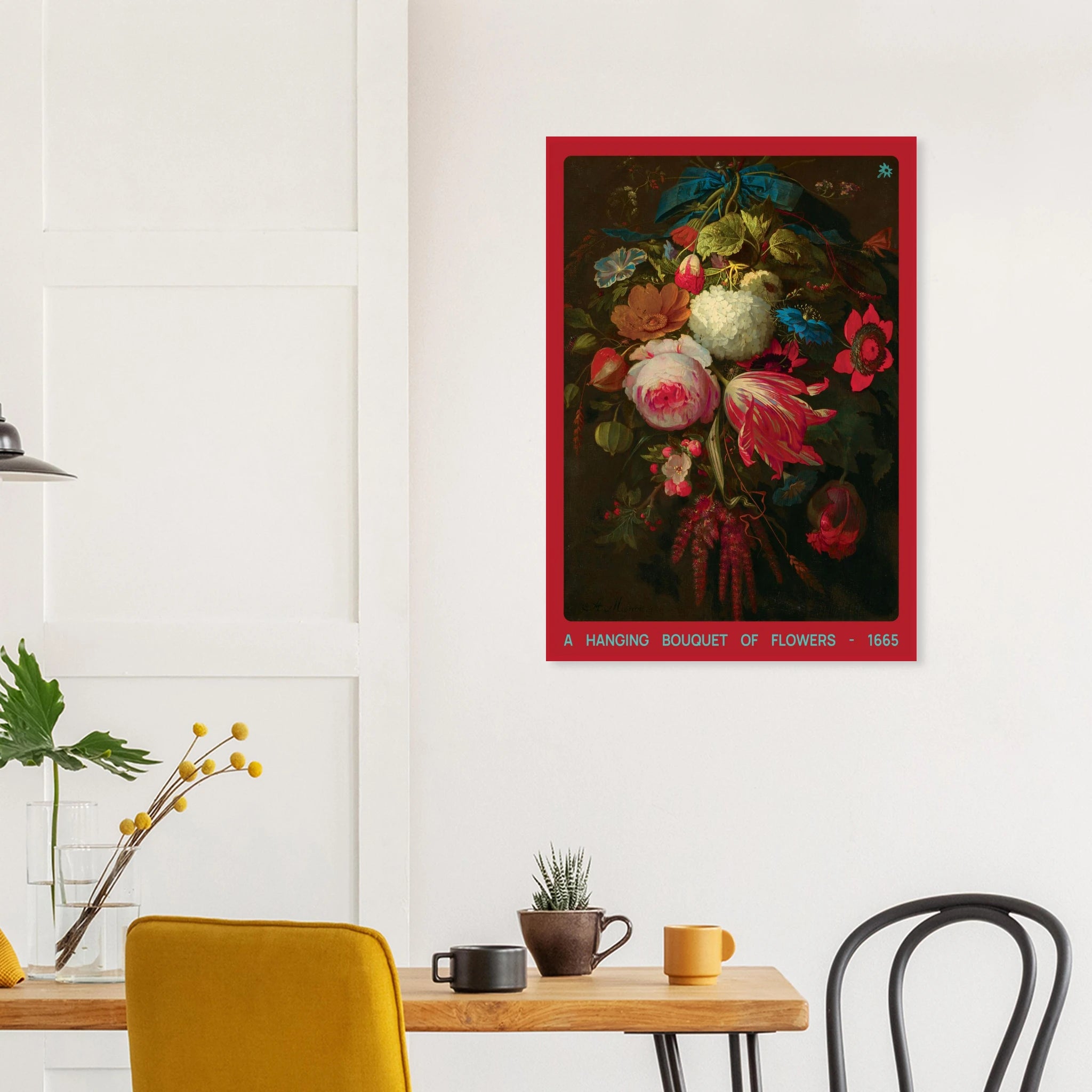 1665 hanging bouquet 200gsm art print in dining room mockup by Jimik Design: botanical still life, vintage giclée decor.