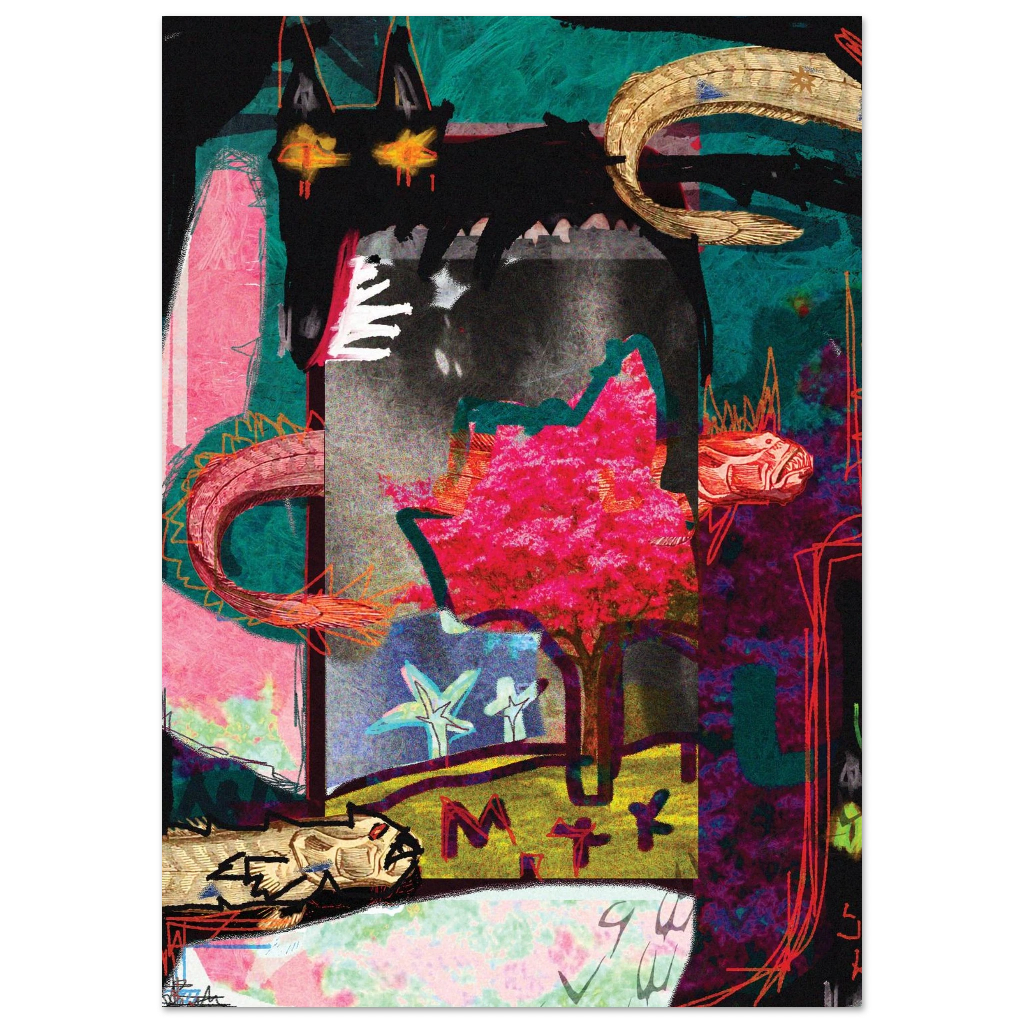 Keeroy dogs 200gsm giclée print by Jimik Design: colorful canine collage with red accents, modern art.