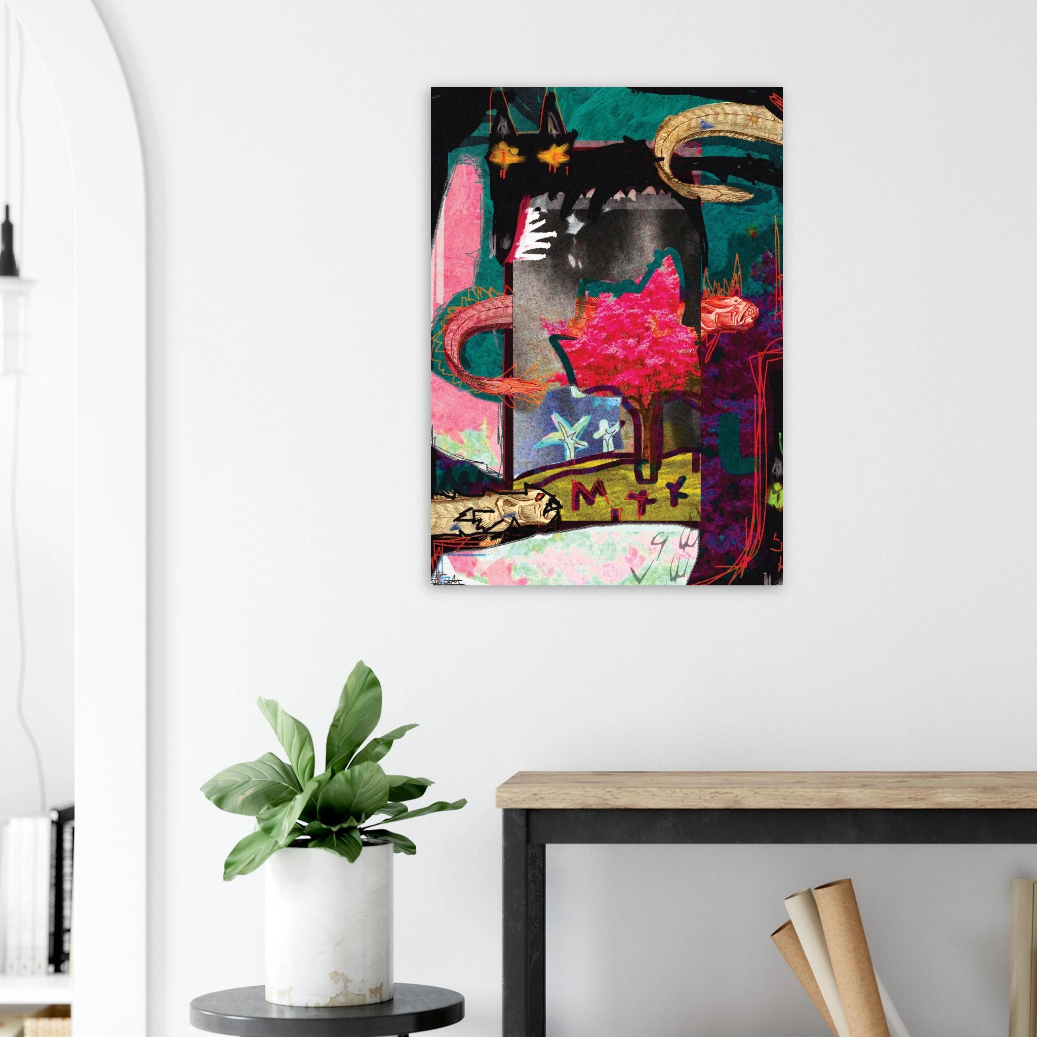 Keeroy dogs 200gsm giclée print by Jimik Design: colorful canine collage with red accents, modern art.