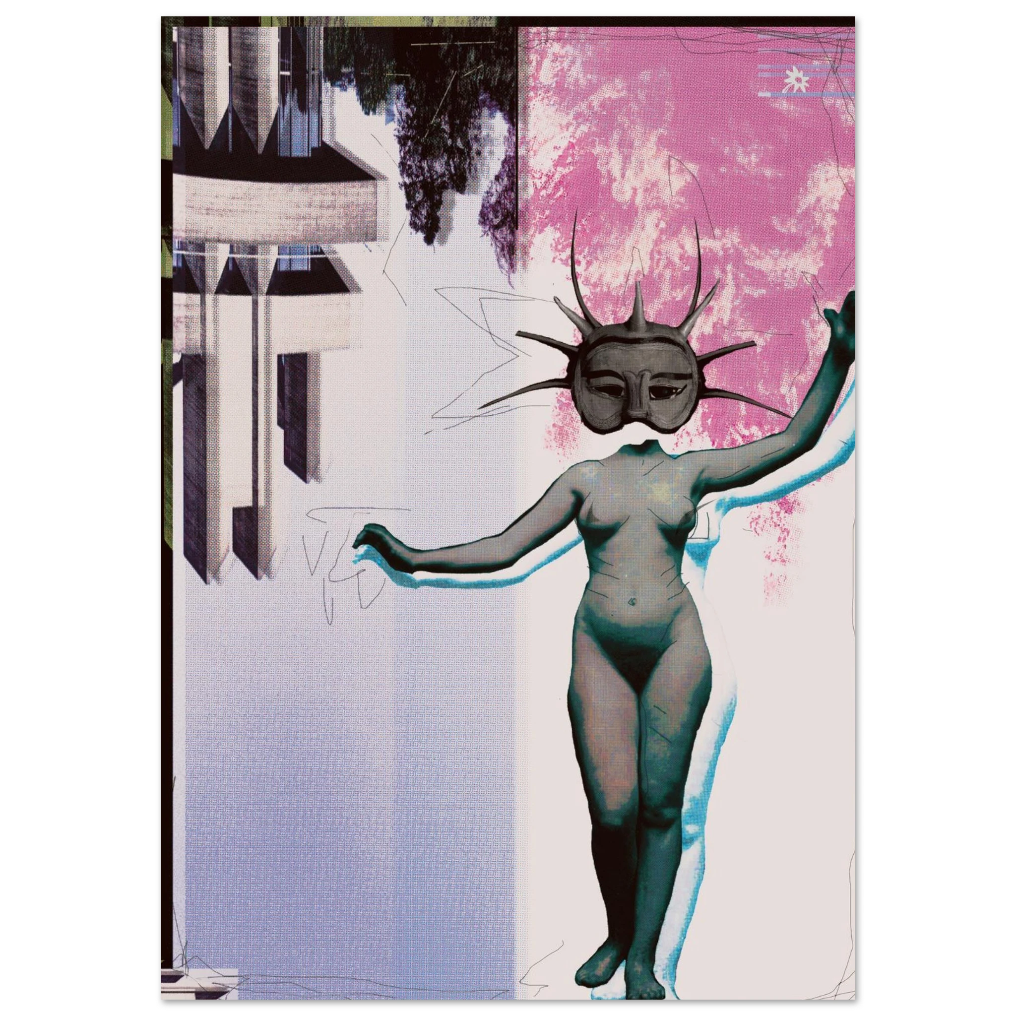 Spike head 200gsm giclée print by Jimik Design: nude figure with spiky head, vibrant art print decor.