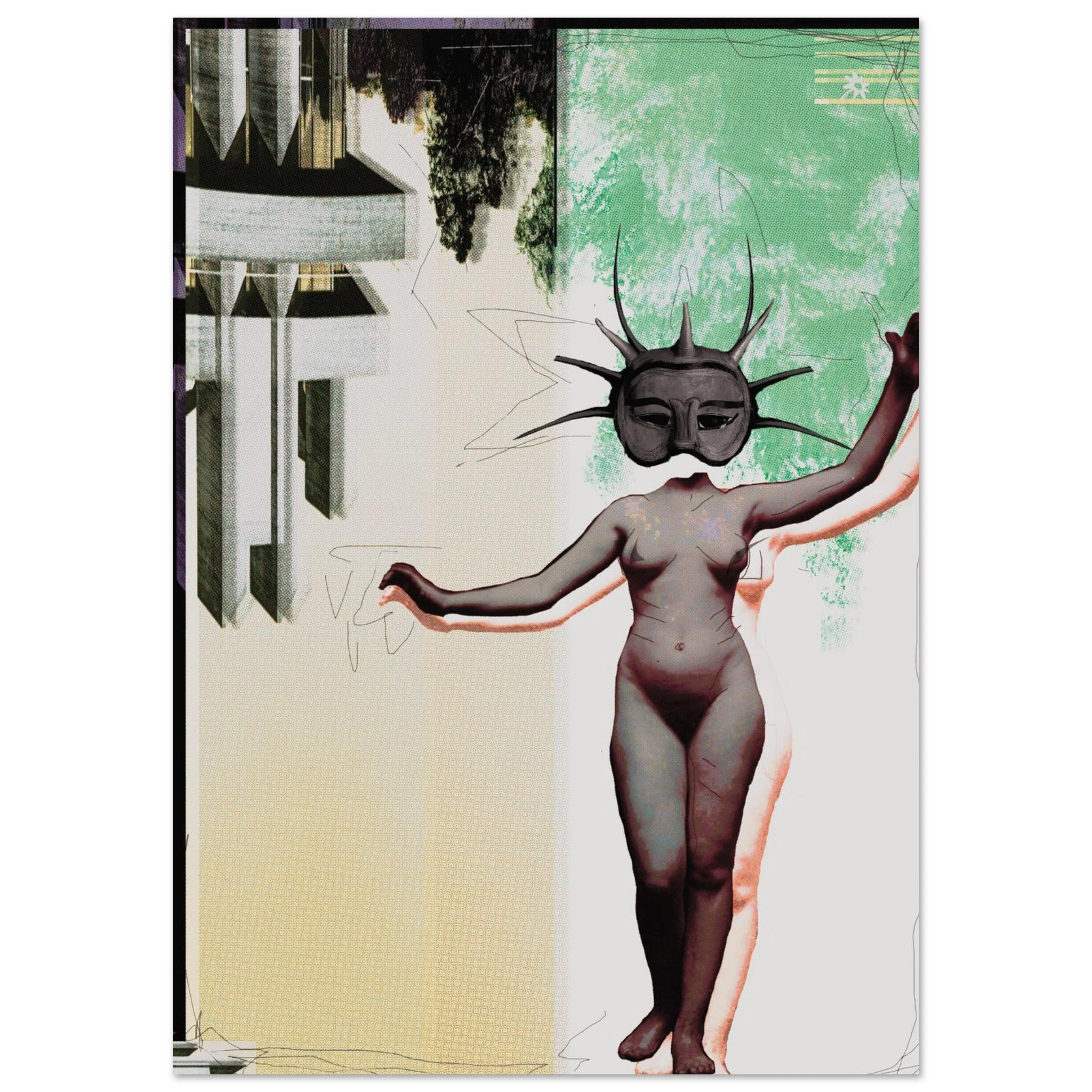 Spike head V2 200gsm giclée print by Jimik Design: spiky green figure on beige, chic poster decor.