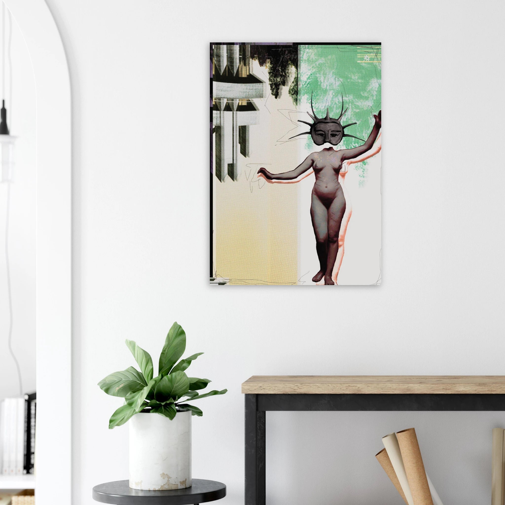 Spike head V2 200gsm giclée print by Jimik Design: spiky green figure on beige, chic poster decor.