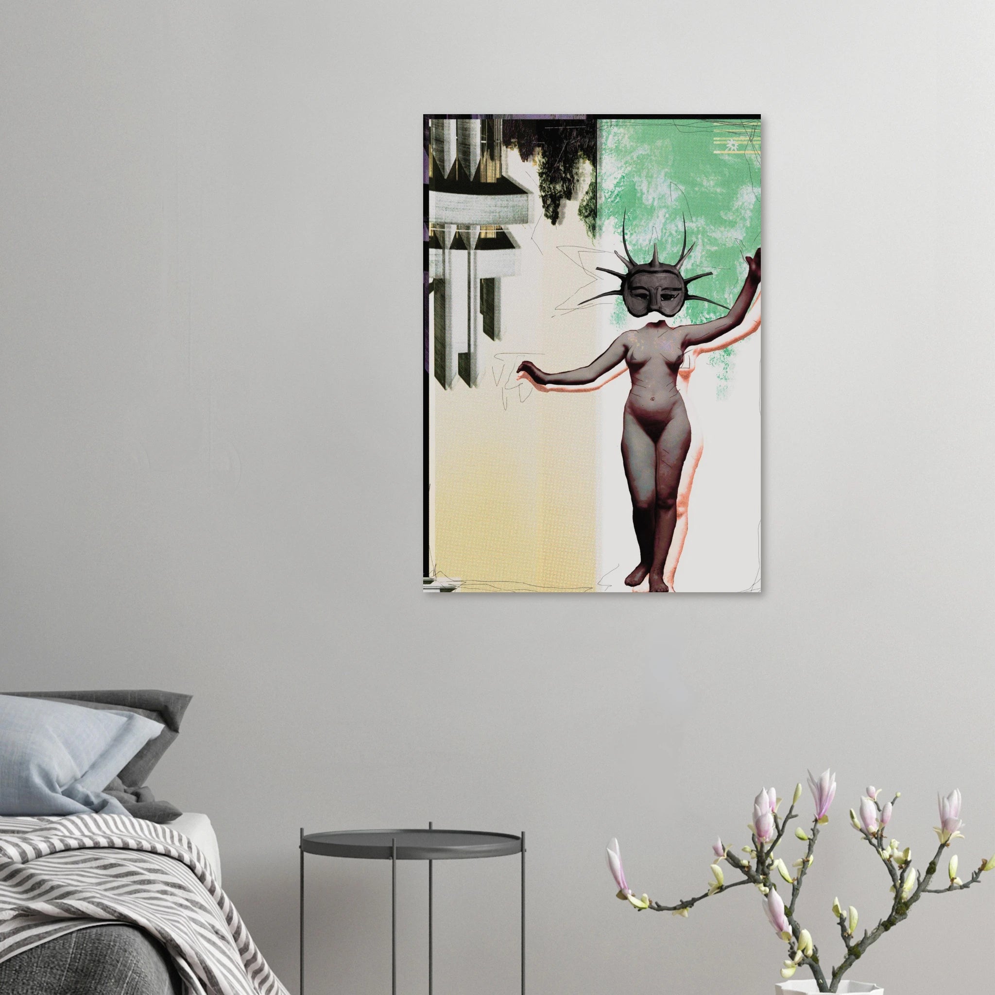 Spike head V2 200gsm giclée print by Jimik Design: spiky green figure on beige, chic poster decor.