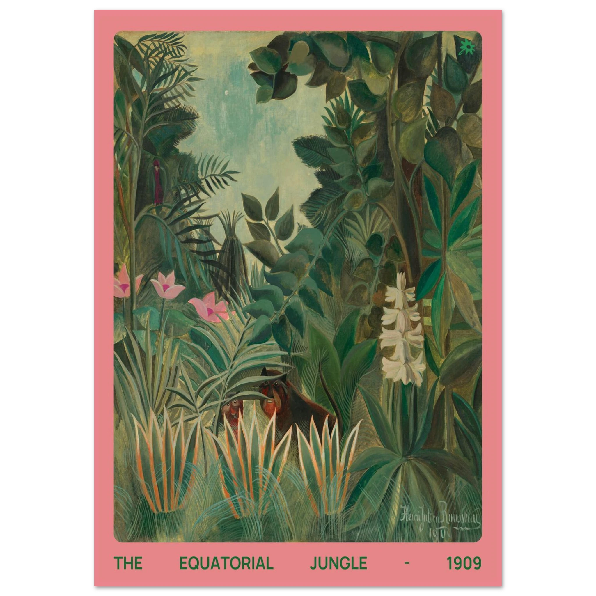 Vintage 1909 equatorial jungle art print on Jimik Design: lush tropical forest illustration, high-quality giclée wall art.