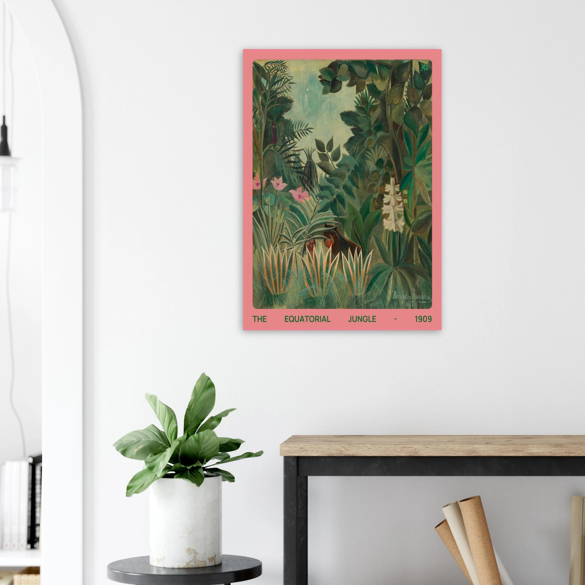 Vintage 1909 equatorial jungle art print on Jimik Design: lush tropical forest illustration, high-quality giclée wall art.