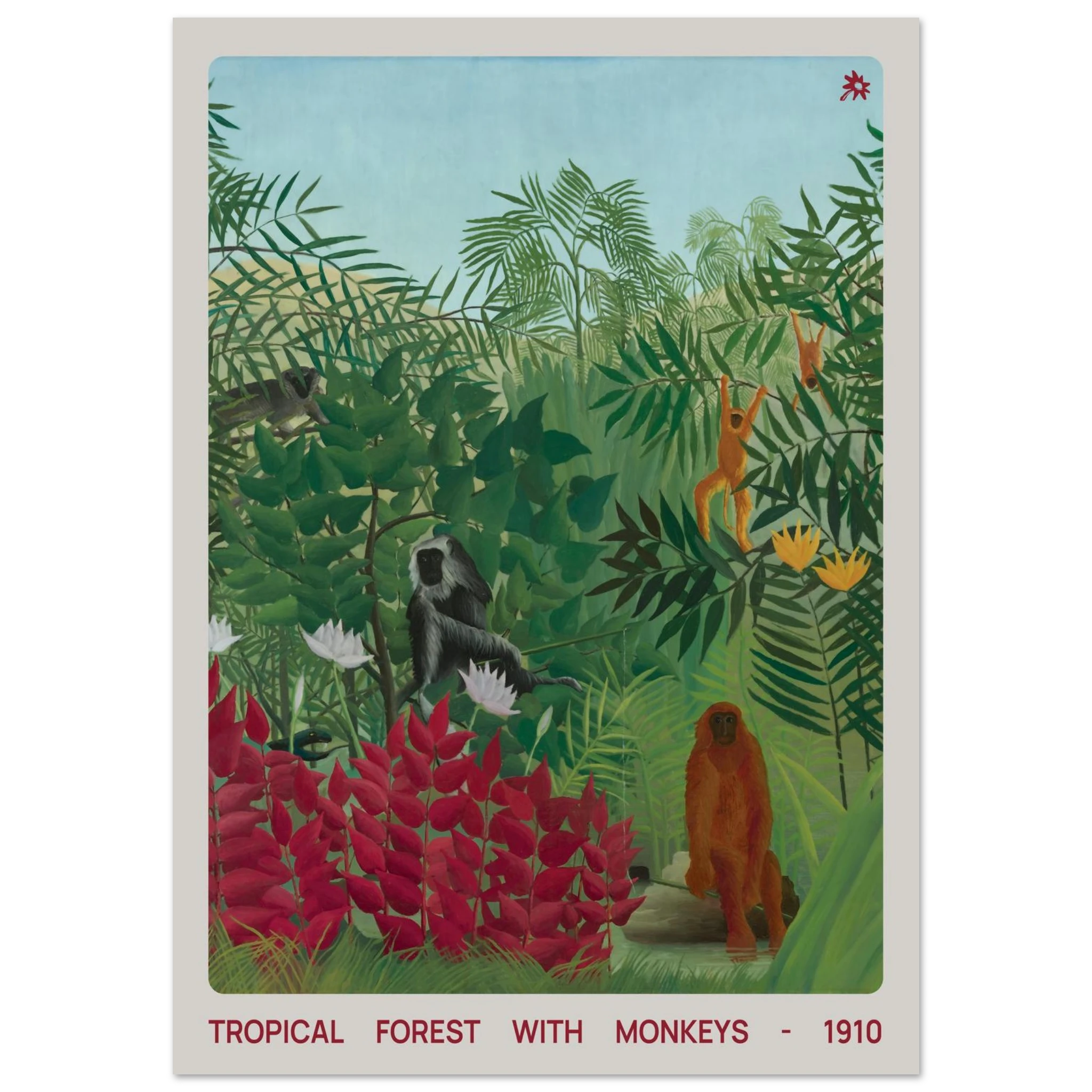 1910 tropical forest with monkeys print from Jimik Design: playful wildlife in lush greenery, premium vintage giclée.