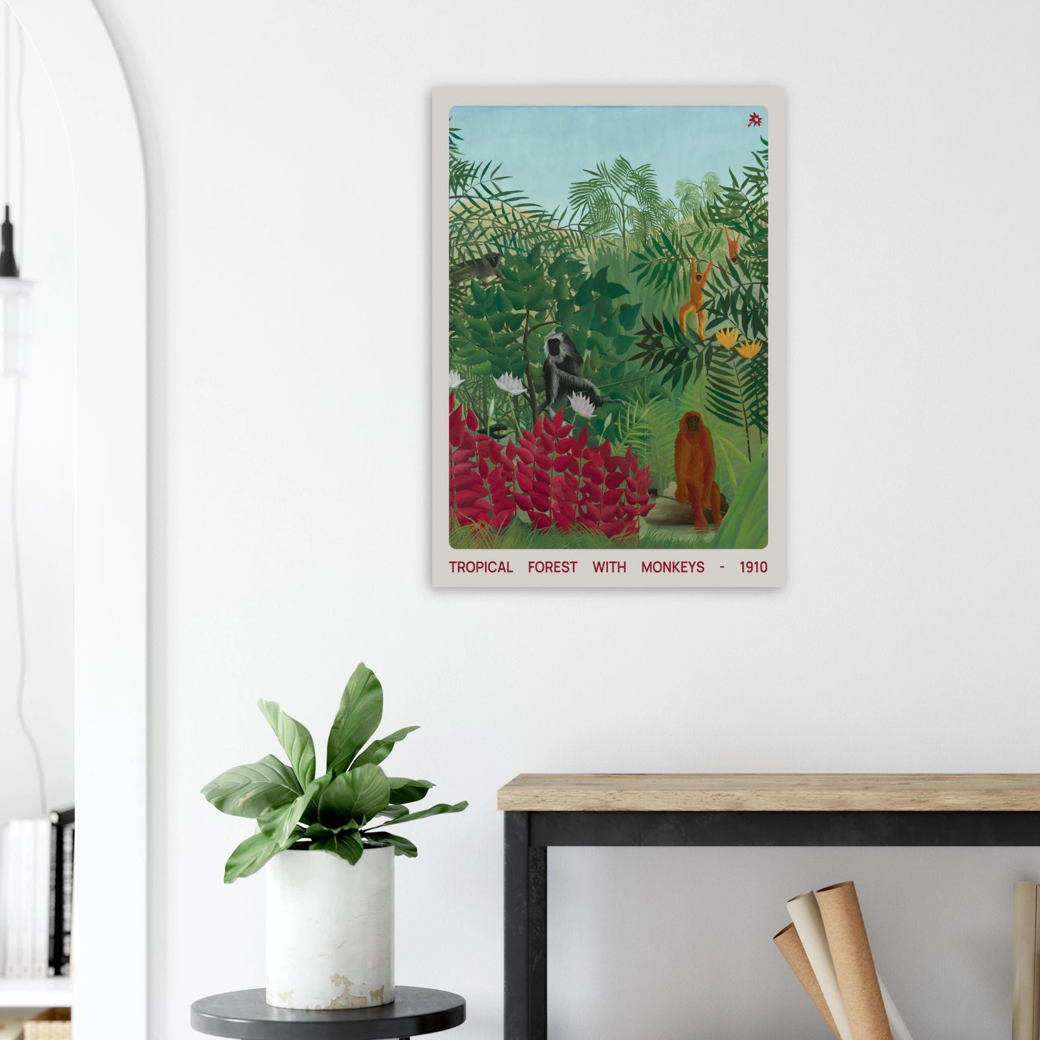1910 tropical forest with monkeys print from Jimik Design: playful wildlife in lush greenery, premium vintage giclée.