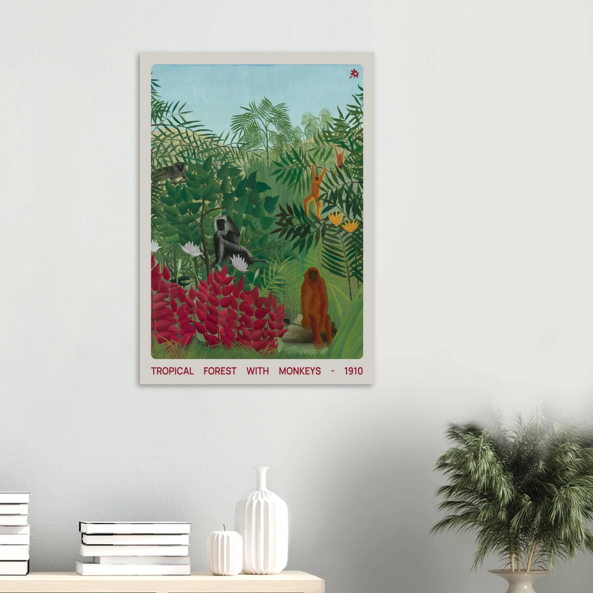 1910 tropical forest with monkeys print from Jimik Design: playful wildlife in lush greenery, premium vintage giclée.