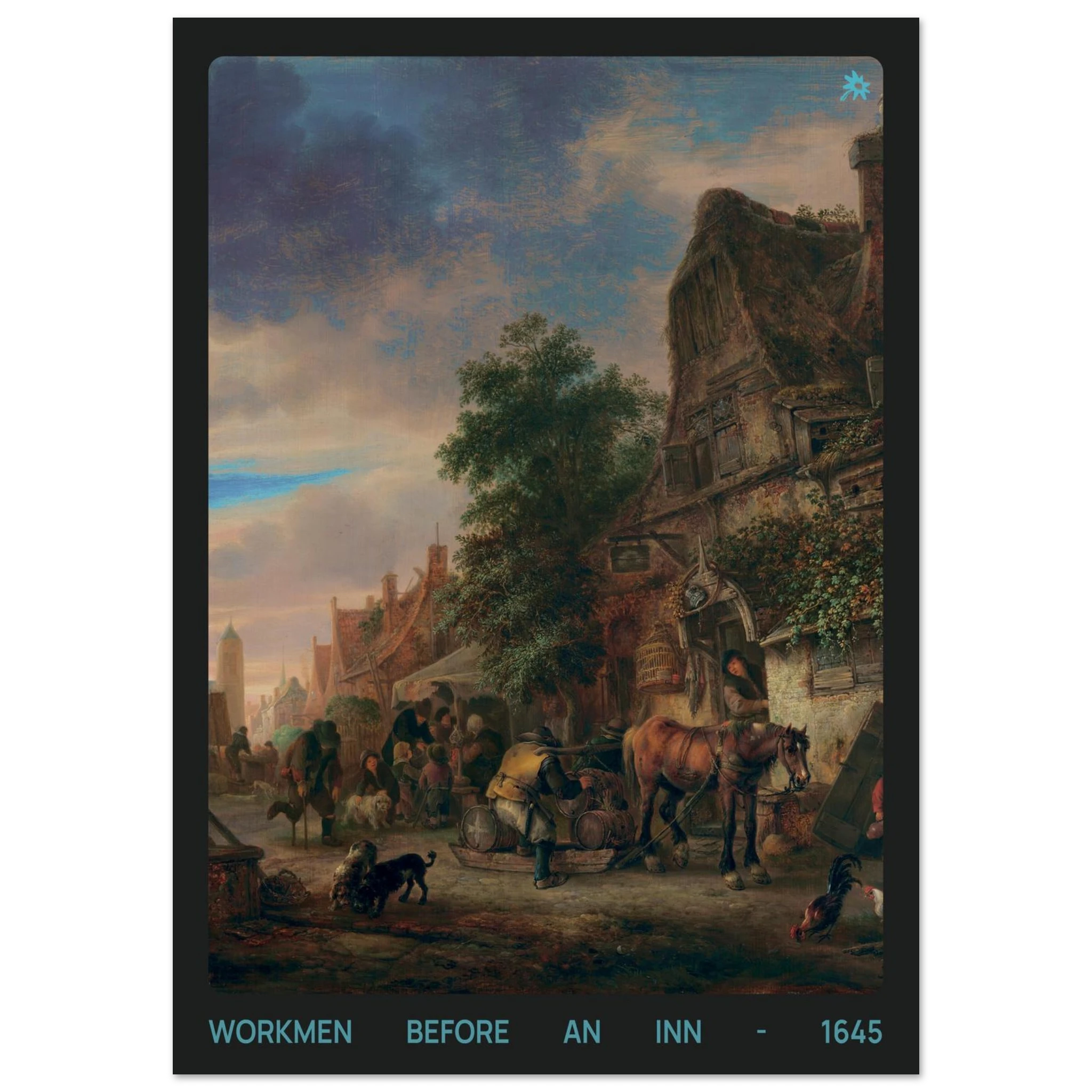1645 workmen before an inn print on Jimik Design: lively historical tavern scene, high-quality vintage giclée art.