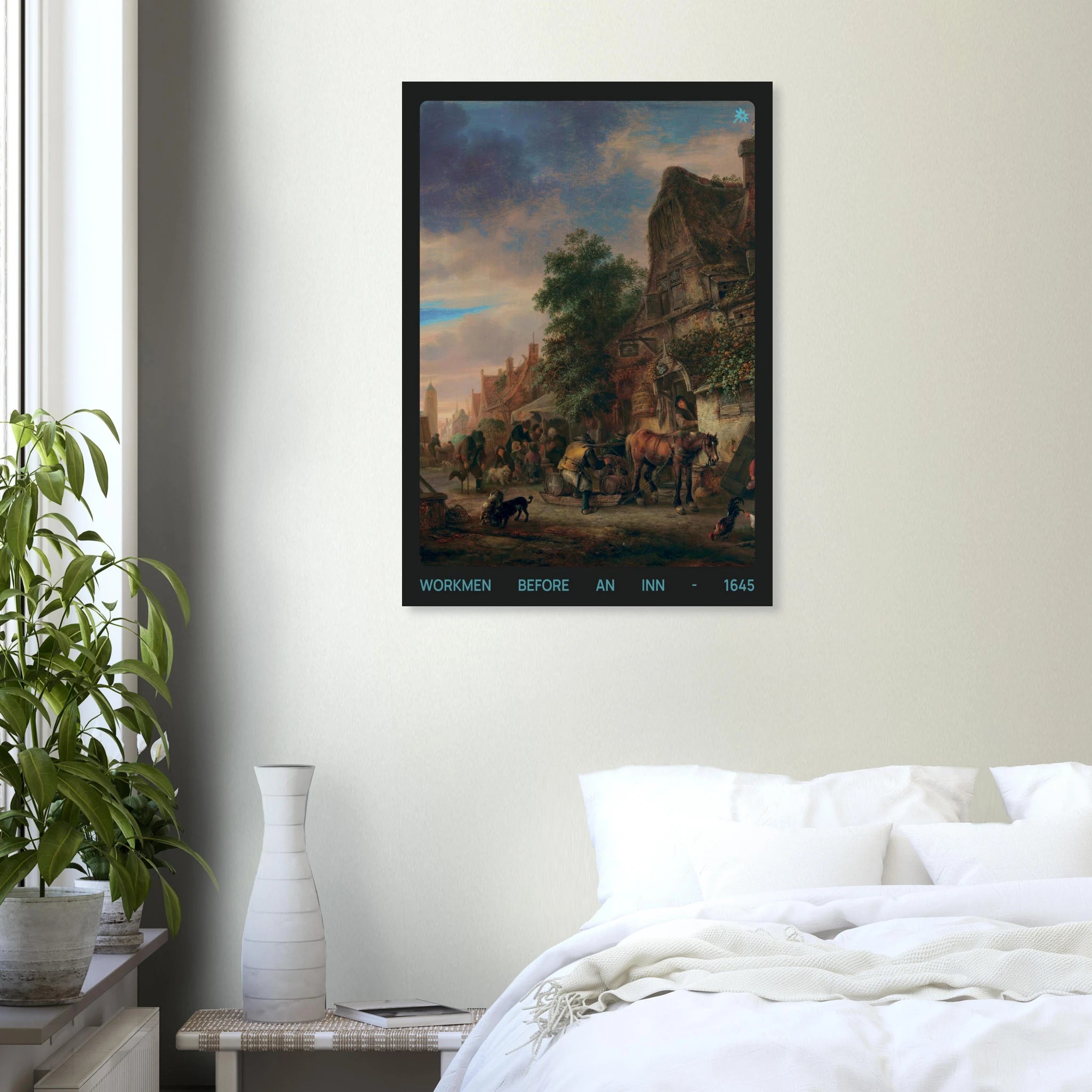 1645 workmen before an inn print on Jimik Design: lively historical tavern scene, high-quality vintage giclée art.