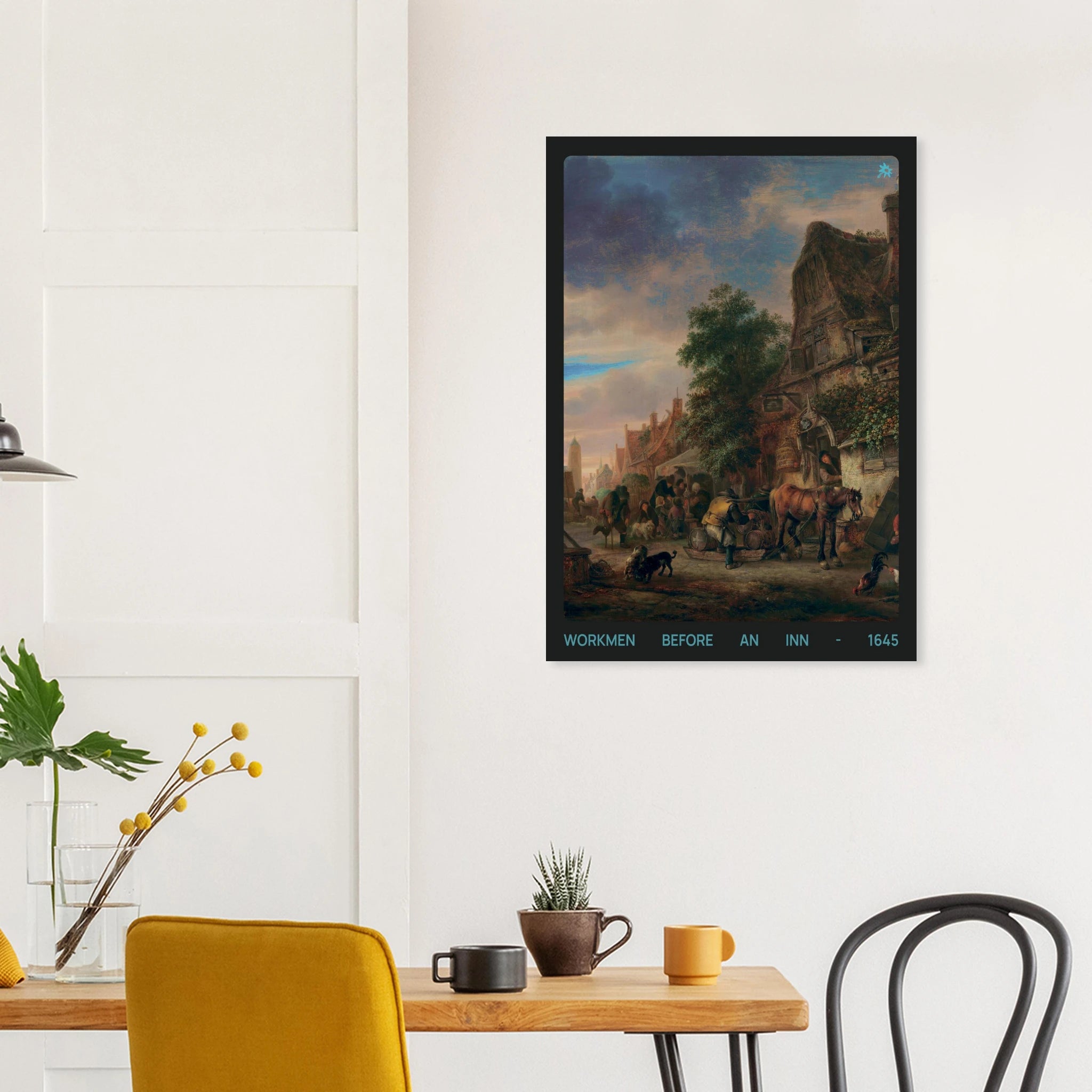 1645 workmen before an inn print on Jimik Design: lively historical tavern scene, high-quality vintage giclée art.